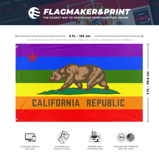 A mockup depicting custom flag specifications and measurements for 'California Pride Flag'
