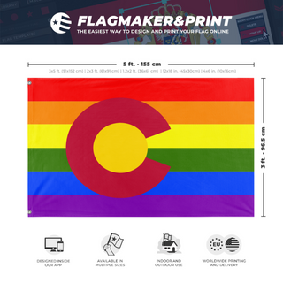 A mockup depicting custom flag specifications and measurements for 'Colorado Pride Flag'