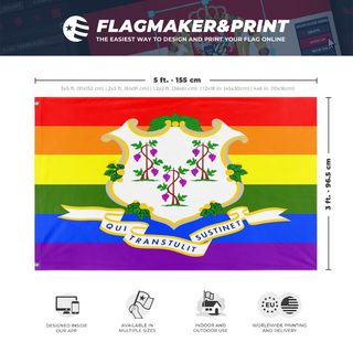 A mockup depicting custom flag specifications and measurements for 'Connecticut Pride Flag'