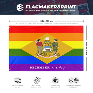 A mockup depicting custom flag specifications and measurements for 'Delaware Pride Flag'
