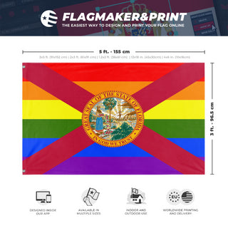 A mockup depicting custom flag specifications and measurements for 'Florida Pride Flag'
