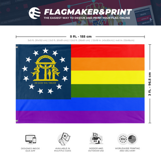 A mockup depicting custom flag specifications and measurements for 'Georgia Pride Flag'
