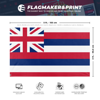 A mockup depicting custom flag specifications and measurements for 'Hawaii Pride Flag'