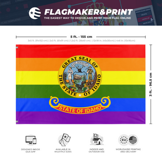 A mockup depicting custom flag specifications and measurements for 'Idaho Pride Flag'