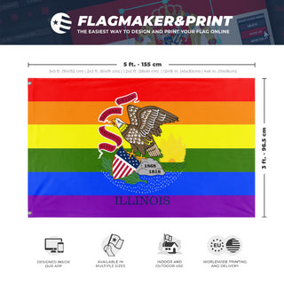 A mockup depicting custom flag specifications and measurements for 'Illinois Pride Flag'