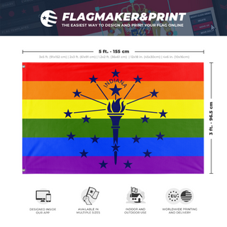 A mockup depicting custom flag specifications and measurements for 'Indiana Pride Flag'