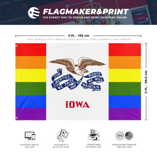 A mockup depicting custom flag specifications and measurements for 'Iowa Pride Flag'