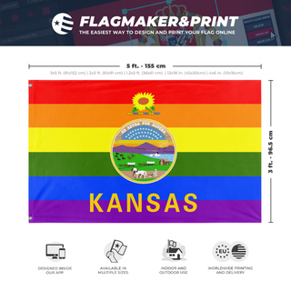 A mockup depicting custom flag specifications and measurements for 'Kansas Pride Flag'