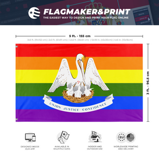 A mockup depicting custom flag specifications and measurements for 'Louisiana Pride Flag'