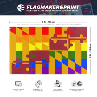 A mockup depicting custom flag specifications and measurements for 'Maryland Pride Flag'