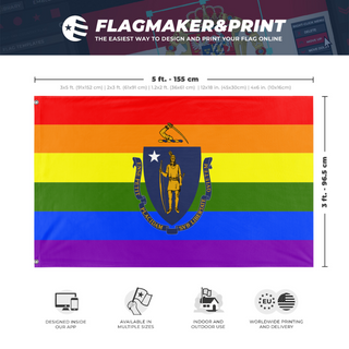 A mockup depicting custom flag specifications and measurements for 'Massachusetts Pride Flag'