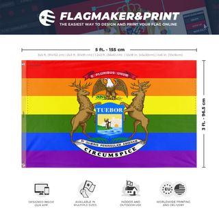 A mockup depicting custom flag specifications and measurements for 'Michigan Pride Flag'