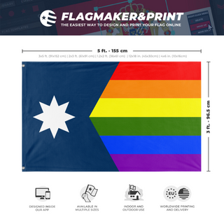 A mockup depicting custom flag specifications and measurements for 'Minnesota Pride Flag'