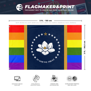 A mockup depicting custom flag specifications and measurements for 'Mississippi Pride Flag'