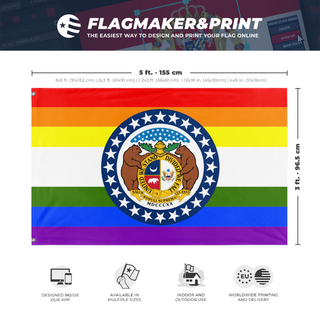 A mockup depicting custom flag specifications and measurements for 'Missouri Pride Flag'