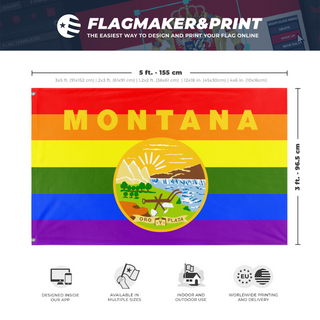 A mockup depicting custom flag specifications and measurements for 'Montana Pride Flag'