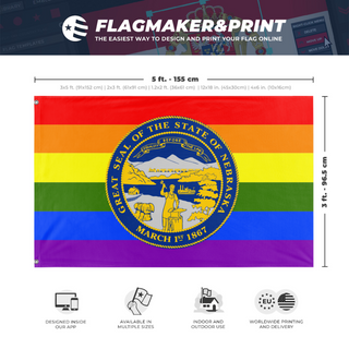 A mockup depicting custom flag specifications and measurements for 'Nebraska Pride Flag'