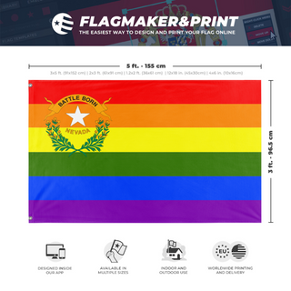 A mockup depicting custom flag specifications and measurements for 'Nevada Pride Flag'