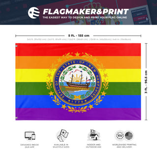A mockup depicting custom flag specifications and measurements for 'New Hampshire Pride Flag'