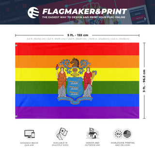 A mockup depicting custom flag specifications and measurements for 'New Jersey Pride Flag'