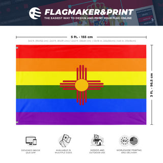 A mockup depicting custom flag specifications and measurements for 'New Mexico Pride Flag'