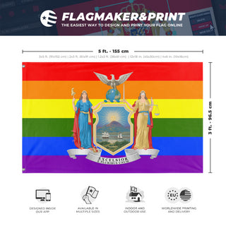 A mockup depicting custom flag specifications and measurements for 'New York Pride Flag'