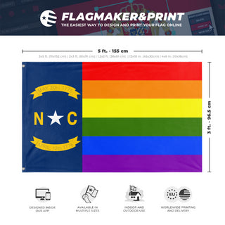 A mockup depicting custom flag specifications and measurements for 'North Carolina Pride Flag'