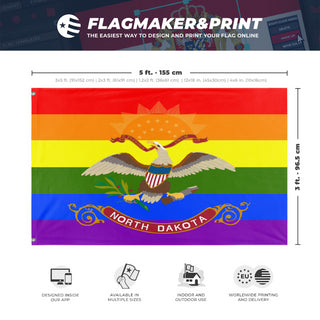 A mockup depicting custom flag specifications and measurements for 'North Dakota Pride Flag'