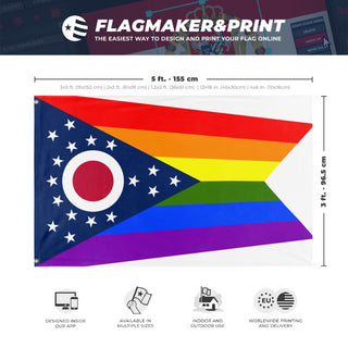 A mockup depicting custom flag specifications and measurements for 'Ohio Pride Flag'