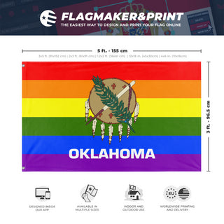 A mockup depicting custom flag specifications and measurements for 'Oklahoma Pride Flag'
