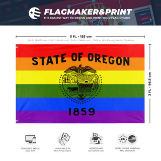 A mockup depicting custom flag specifications and measurements for 'Oregon Pride Flag'