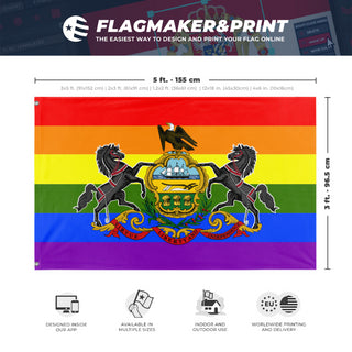 A mockup depicting custom flag specifications and measurements for 'Pennsylvania Pride Flag'