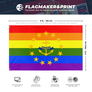 A mockup depicting custom flag specifications and measurements for 'Rhode Island Pride Flag'