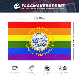A mockup depicting custom flag specifications and measurements for 'South Dakota Pride Flag'