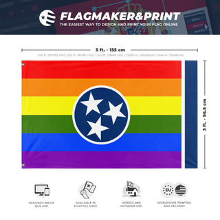 A mockup depicting custom flag specifications and measurements for 'Tennessee Pride Flag'
