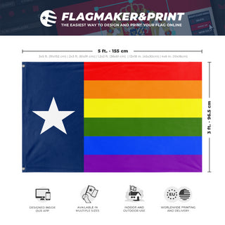 A mockup depicting custom flag specifications and measurements for 'Texas Pride Flag'