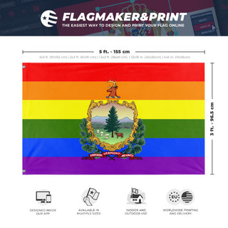A mockup depicting custom flag specifications and measurements for 'Vermont Pride Flag'