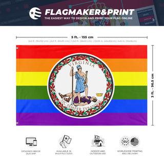 A mockup depicting custom flag specifications and measurements for 'Virginia Pride Flag'