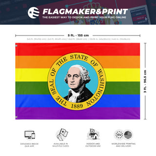 A mockup depicting custom flag specifications and measurements for 'Washington Pride Flag'