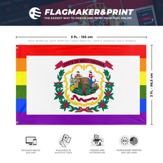 A mockup depicting custom flag specifications and measurements for 'West Virginia Pride Flag'