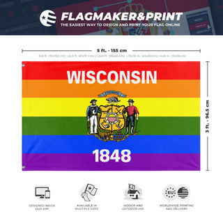 A mockup depicting custom flag specifications and measurements for 'Wisconsin Pride Flag'