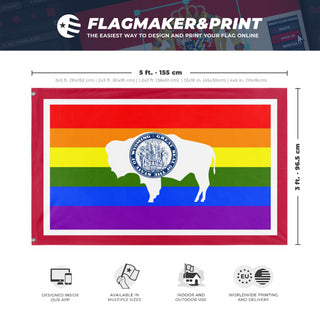 A mockup depicting custom flag specifications and measurements for 'Wyoming Pride Flag'