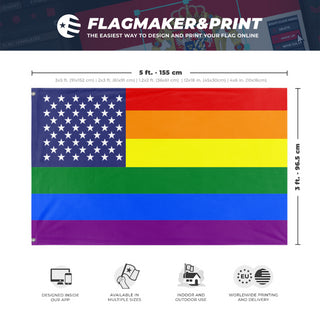 A mockup depicting custom flag specifications and measurements for 'United States Pride Flag'