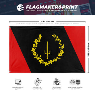 A mockup depicting custom flag specifications and measurements for 'United States Black Pride Flag'