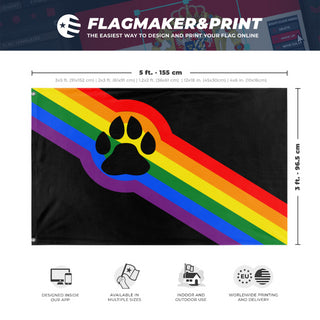 A mockup depicting custom flag specifications and measurements for 'Furry Pride Flag'
