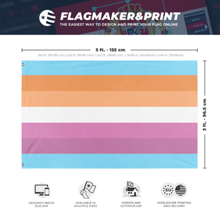 A mockup depicting custom flag specifications and measurements for 'trans lesbian flag'