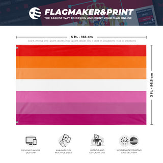 A mockup depicting custom flag specifications and measurements for 'lesbian flag orange flag'
