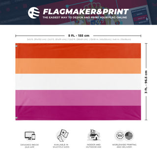A mockup depicting custom flag specifications and measurements for 'lesbian flag aesthetic flag'