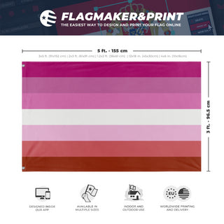 A mockup depicting custom flag specifications and measurements for 'pink lesbian flag'