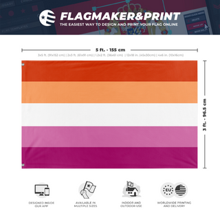 A mockup depicting custom flag specifications and measurements for 'sapphic lesbian flag'